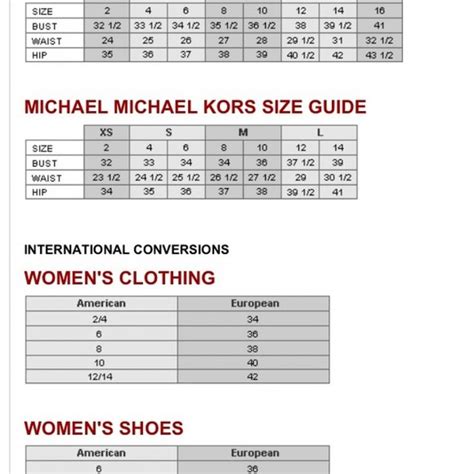 size chart michael kors shoes